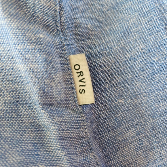 Orvis Woman Size M Linen Blend Button Up Blouse Roll Tab Sleeve Beachy Colorful - Picture 6 of 9
